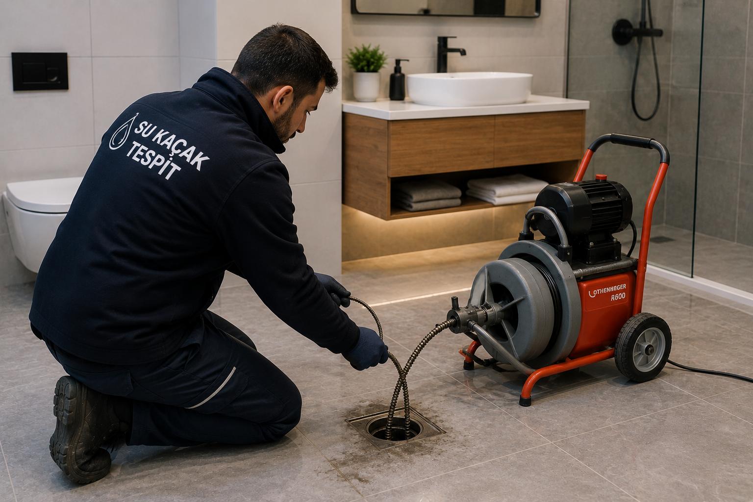 Gider tıkanıklığı açma işlemi yapan tesisatçı